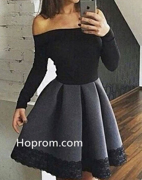 Long Sleeves Homecoming Dress with Grey Skirt, Black Off Shoulder Homecoming Dress