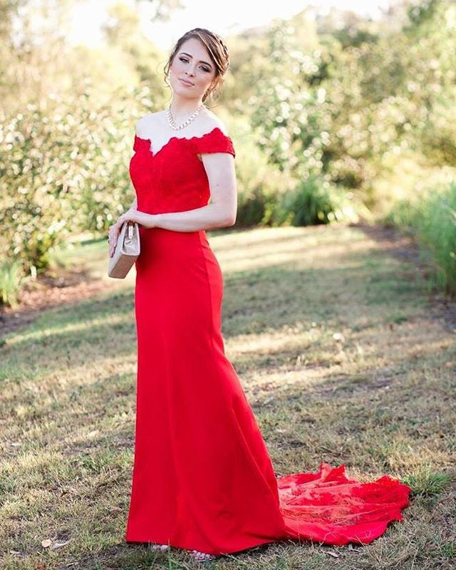 Off Shoulder Floor Length Red Prom Dresses Evening Dress