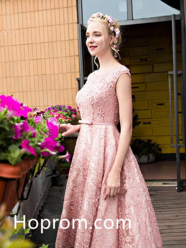 Sweet Long Homecoming Dress, Pink Lace Bowknot Homecoming Dress