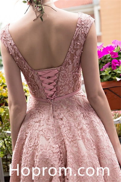 Sweet Long Homecoming Dress, Pink Lace Bowknot Homecoming Dress