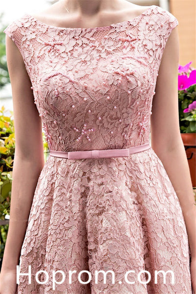 Sweet Long Homecoming Dress, Pink Lace Bowknot Homecoming Dress