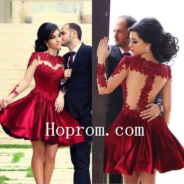 Knee length Red Long Sleeve Short Prom Dress Homecoming Dress