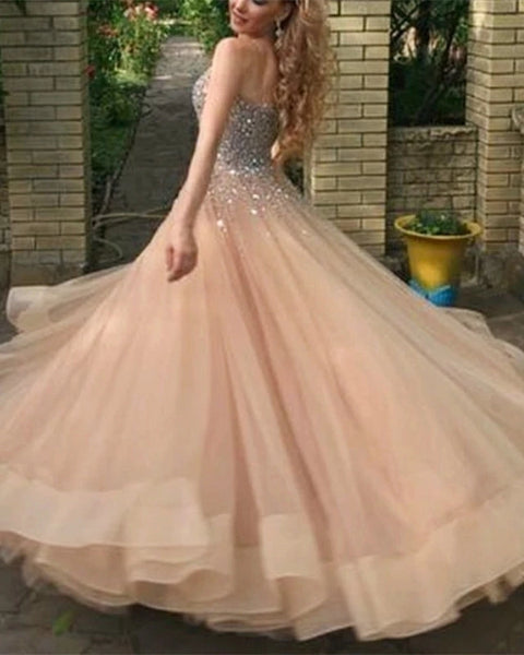 Strapless Beaded Prom Dresses Organza Ruffles Sparkly Evening Dresses