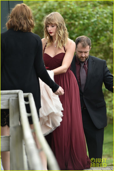 Burgundy Taylor Swift Halter Pleated Dress Bridesmaid Wedding Celebrity Dress Gown