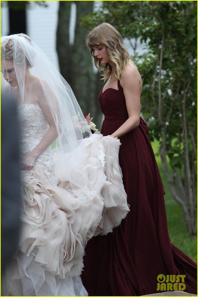 Burgundy Taylor Swift Halter Pleated Dress Bridesmaid Wedding Celebrity Dress Gown