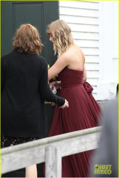 Burgundy Taylor Swift Halter Pleated Dress Bridesmaid Wedding Celebrity Dress Gown