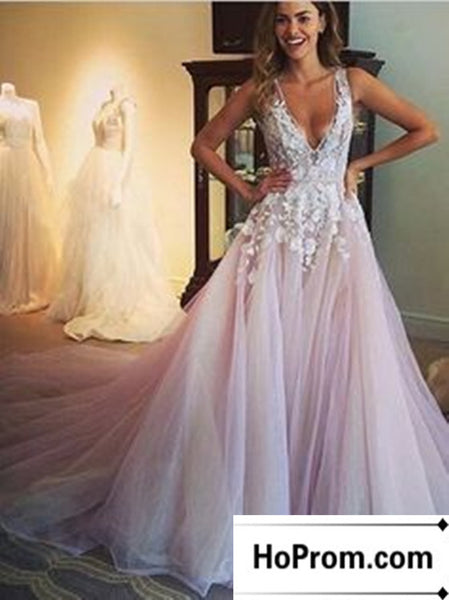 V-Neck Lace Tulle Pink Prom Dress Evening Dresses