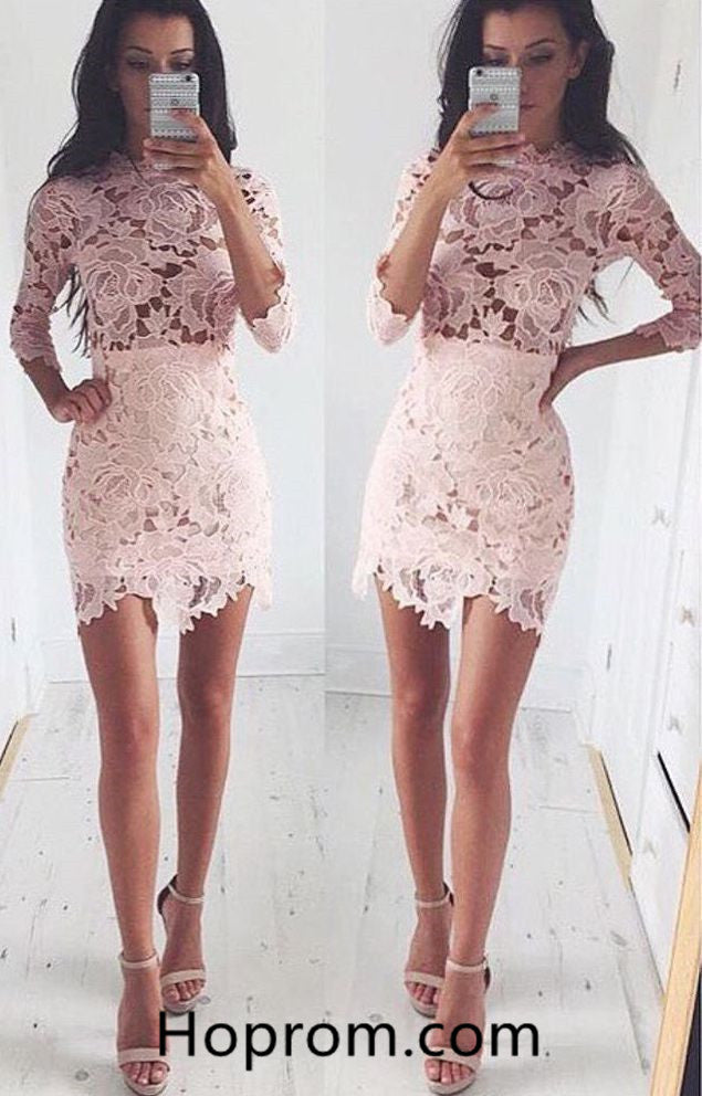 3/4 Sleeves Pink Homecoming Dress, Lace Tight Homecoming Dress Hoprom 3/4 Sleeves Pink Homecoming Dress, Lace Tight Homecoming Dress Hoprom