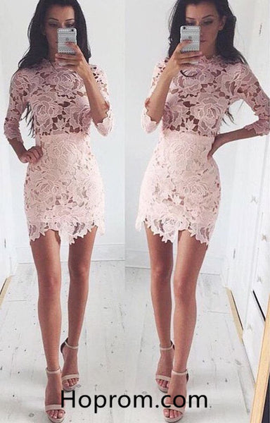 3/4 Sleeves Pink Homecoming Dress, Lace Tight Homecoming Dress
