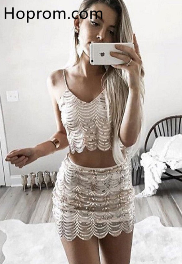 Two Pieces Homecoming Dress, Deep V Neck Tight Homecoming Dress