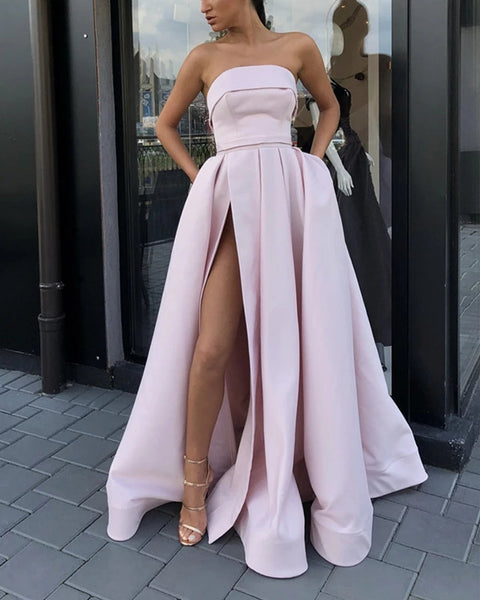 Simple Stain Prom Dresses Strapless Sexy Slit Evening Formal Dress