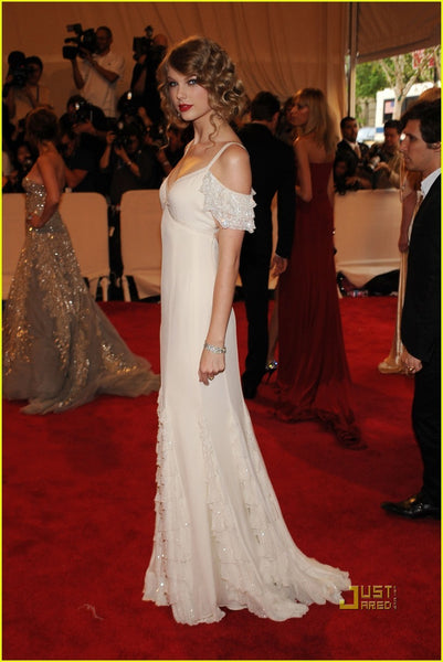 White Taylor Swift Lace Straps Sequins Dress V Neck Prom Celebrity Red Carpet Dress Met Gala