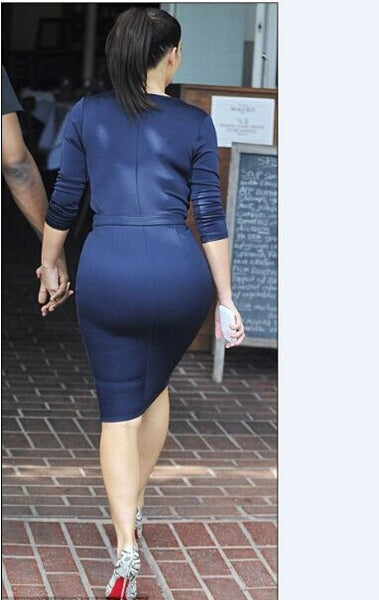 Navy Kim Kardashian (Kim K) Short V Neck Knee Length Dress Long Sleeves Prom Celebrity Dress For Sale