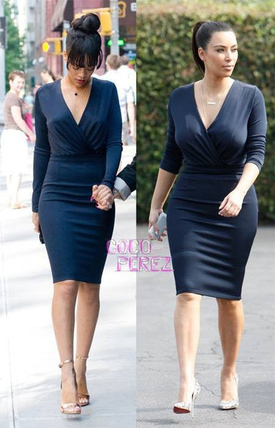 Navy Kim Kardashian (Kim K) Short V Neck Knee Length Dress Long Sleeves Prom Celebrity Dress For Sale