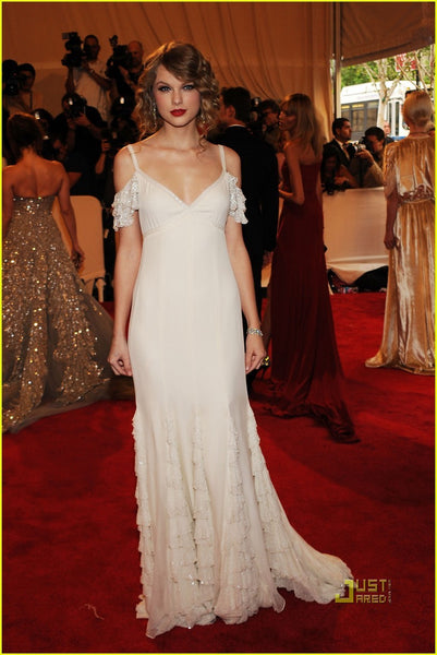 White Taylor Swift Lace Straps Sequins Dress V Neck Prom Celebrity Red Carpet Dress Met Gala