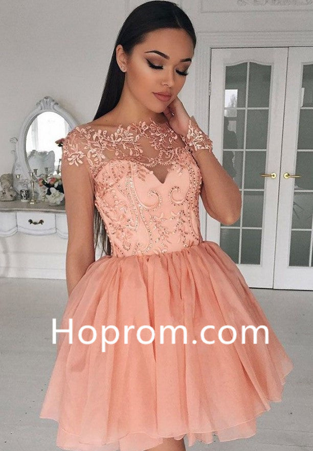 Short Coral Chiffon Cap Sleeves Homecoming Dress, A-Line Crew Homecoming Dress with Appliques