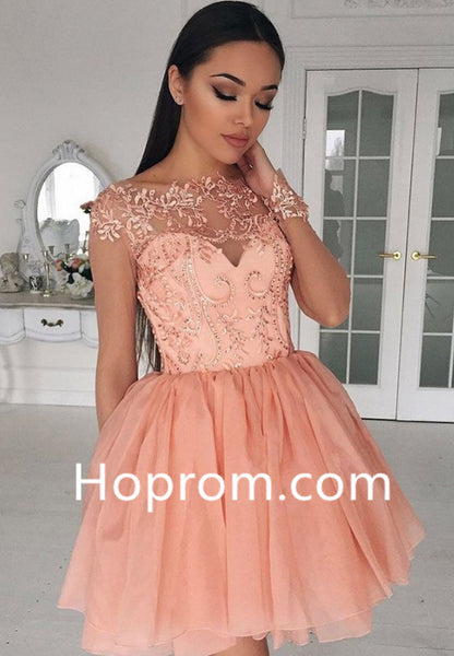 Short Coral Chiffon Cap Sleeves Homecoming Dress, A-Line Crew Homecoming Dress with Appliques