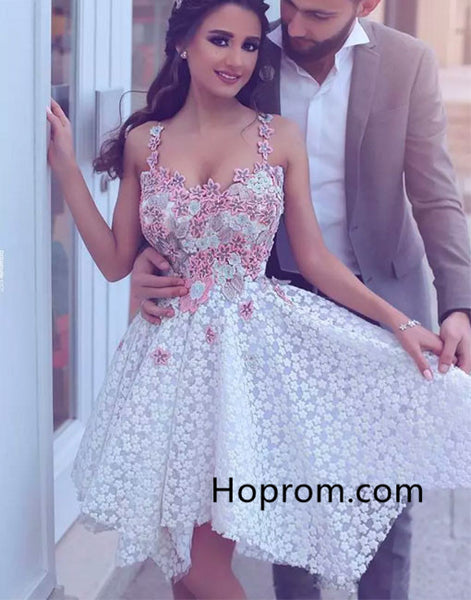 Applique Short Prom Dress, White Lace Cute Homecoming Dress
