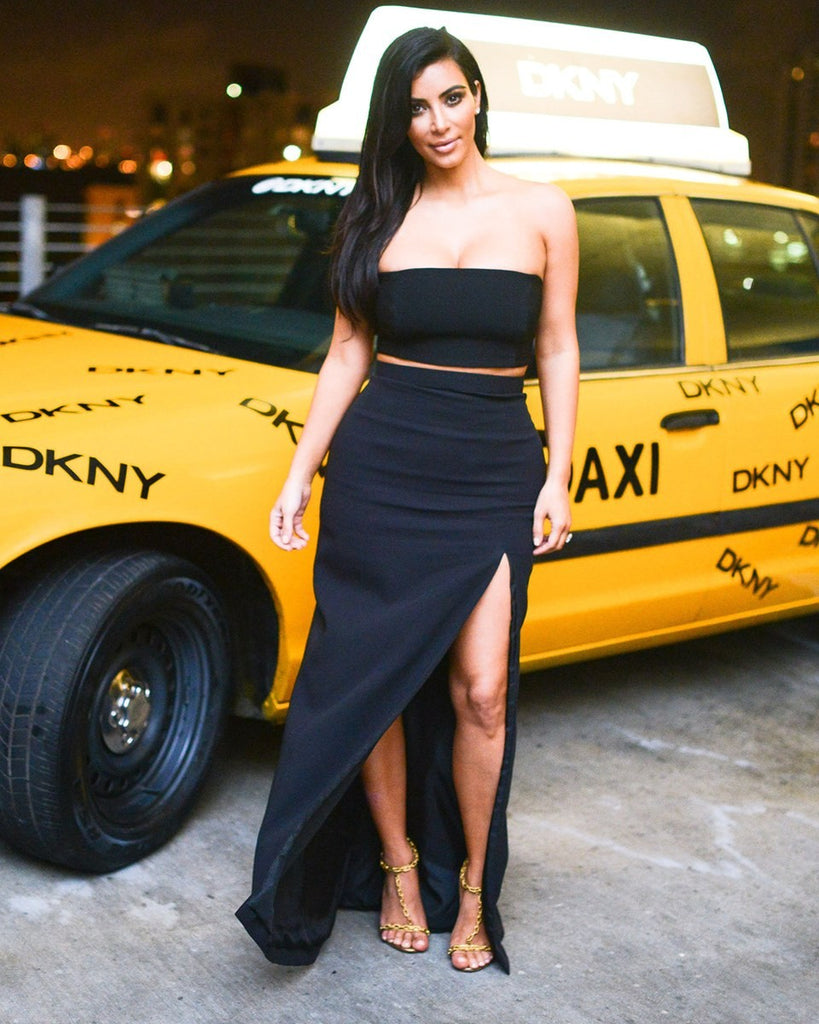 Black Kim Kardashian (Kim K) Two Piece Strapless Slit Prom Celebrity E Hoprom Black Kim Kardashian (Kim K) Two Piece Strapless Slit Prom Celebrity E Hoprom