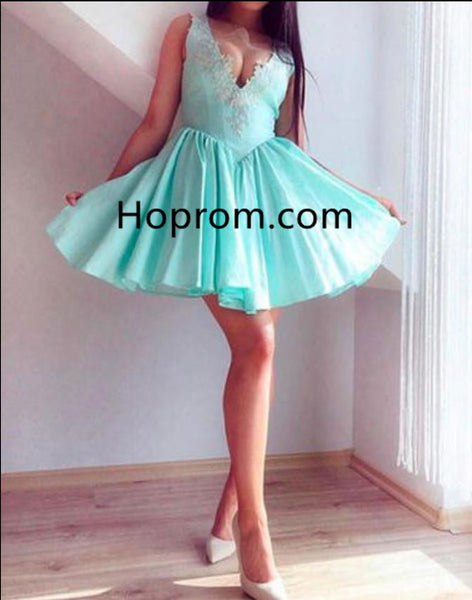Lace Short Prom Dress, Green V Neck Cute Homecoming Dress