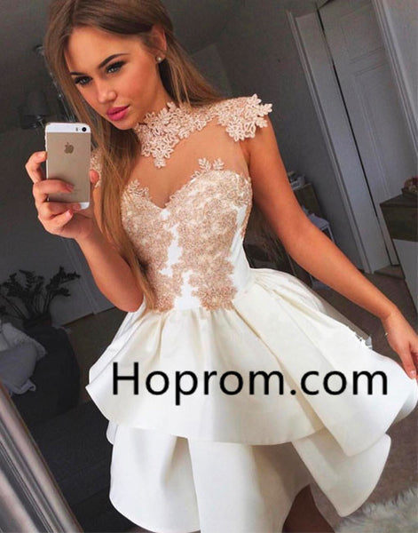 Short Prom Dress, White Lace Summer Homecoming Dress