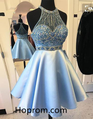 Short Prom Dress, Blue Beads Halter Homecoming Dress