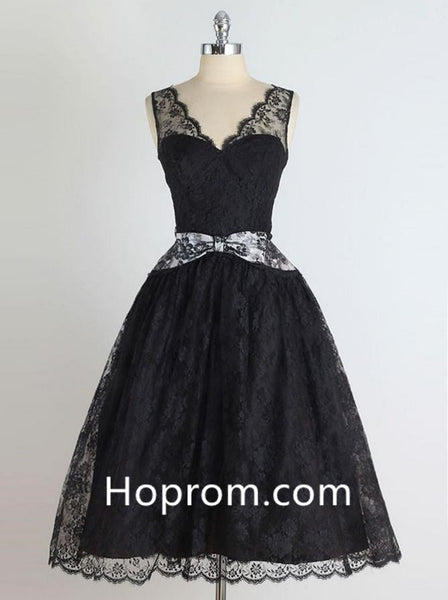Deep V Neck Homecoming Dress, Black Lace Homecoming Dress