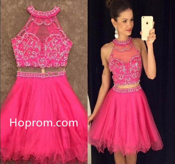 Tulle Beadings Homecoming Dress, Pink Halter Homecoming Dress