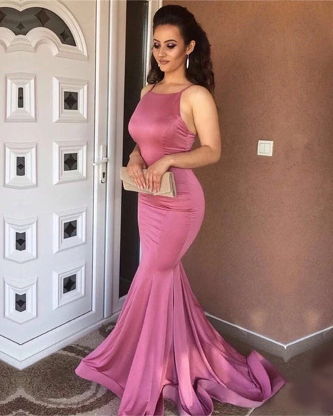 Mermaid Jersey Prom Dresses Spaghetti Straps Pink Formal Evening Dress