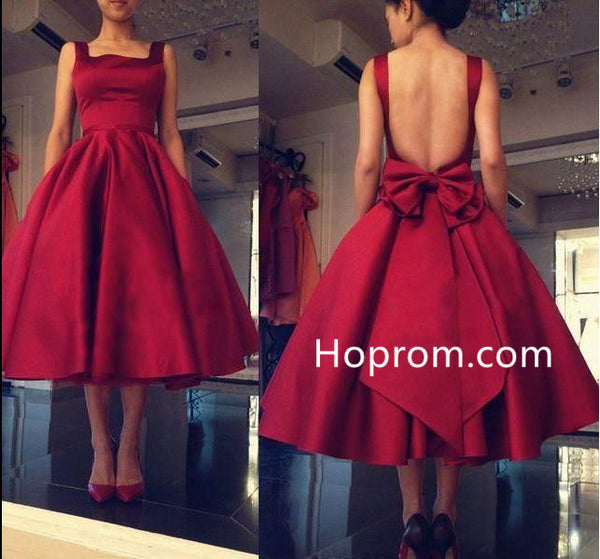 Bowknot Knee-Length Homecoming Dress, Red Backless Homecoming Dress