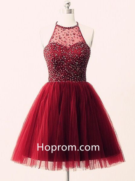 Crystal Tulle Homecoming Dress, Burgundy Halter Homecoming Dress