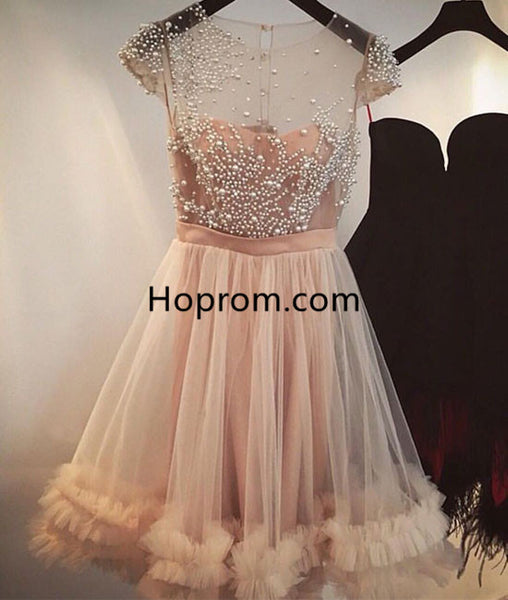 A-line Tulle Champagne Capped-Sleeves Beading Homecoming Dresses