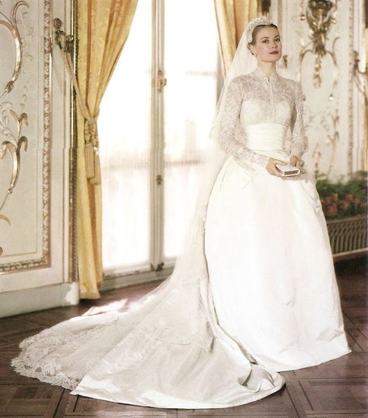 White Grace Kelly Lace High Neck Long Sleeves Dress Empire Waist Wedding Dress Best Celebrity Bridal Gown