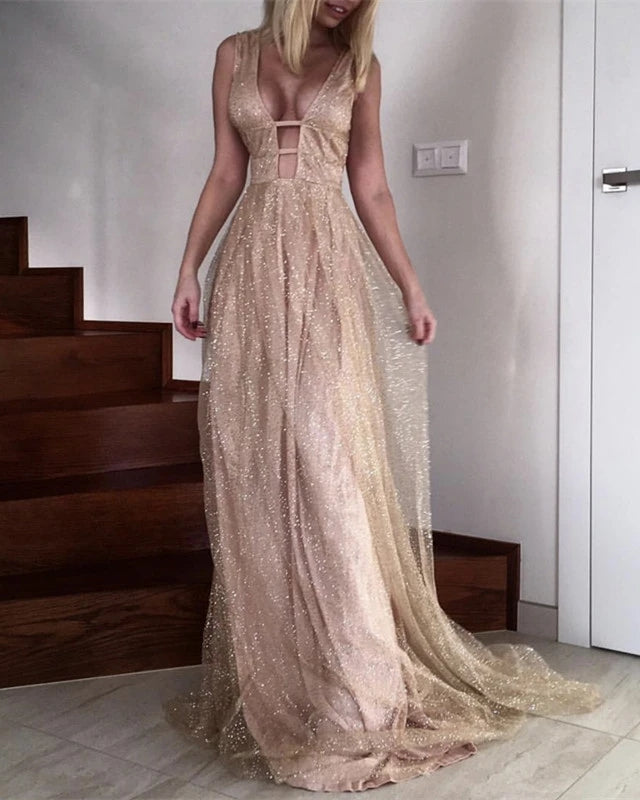 Plunge V Neck Sexy Prom Dresses Bling Bling Formal Dress for Prom – Hoprom