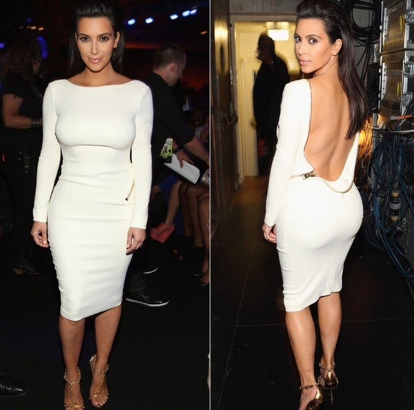 White Kim Kardashian (Kim K) Tight Long Sleeves Knee Length Dress Scoop Neck Prom Celebrity Dress BET Awards