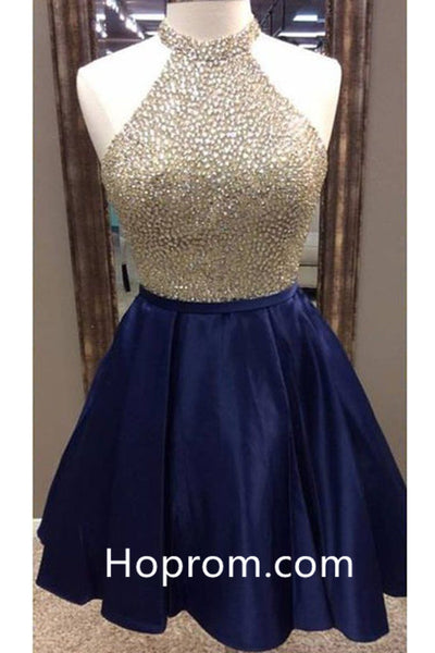 Crystal Sexy Halter Homecoming Dresses, Navy Blue Homecoming Dress