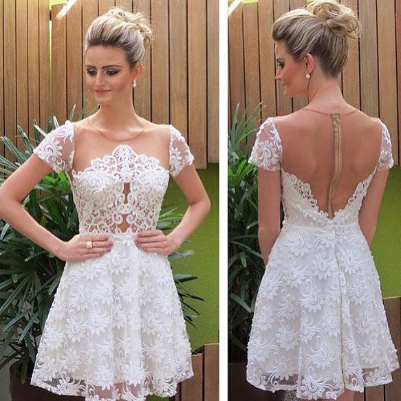 Lace Short Sleeve Homecoming Dress,  White Open Back Short Homecoming Dress