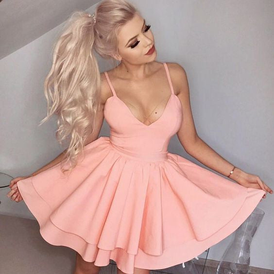 Deep V Neck Homecoming Dress， Baby Pink Simple A Line Short Sexy Summer Strapless Homecoming Dress
