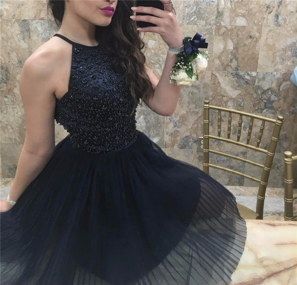 Chiffon Strapless Crystal  Homecoming Dress， Black Halter Homecoming Dress