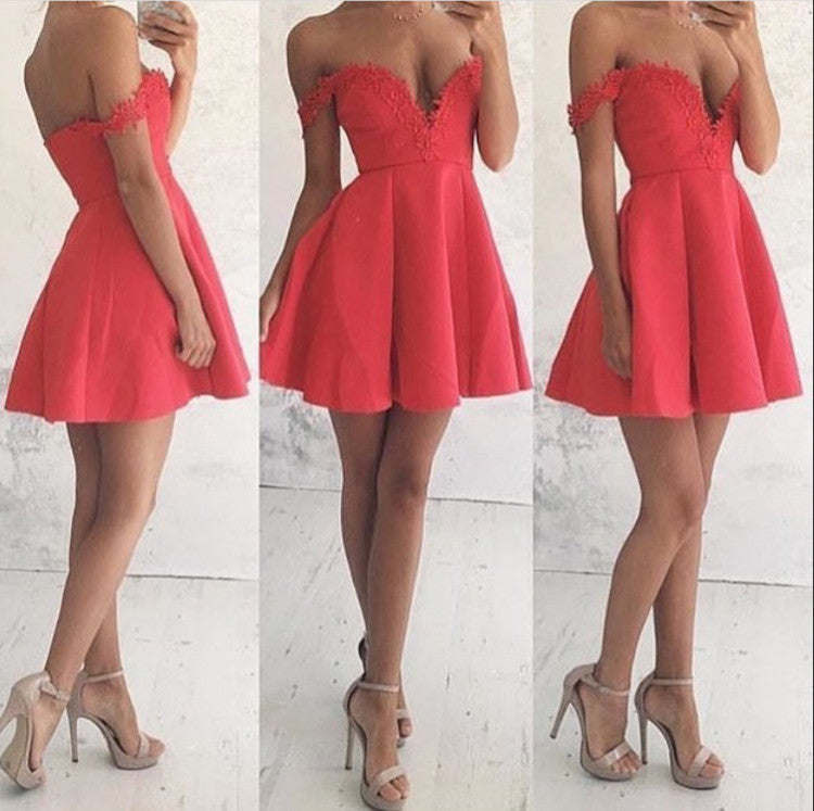 Applique A Line Homecoming Dress， Red Deep V Neck Open Back Sexy Homecoming Dress