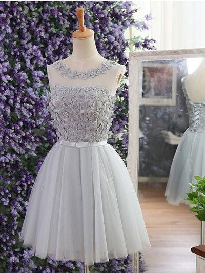 Open Back Chiffon Bowknot Homecoming Dress， Gray Applique Strapless Homecoming Dress