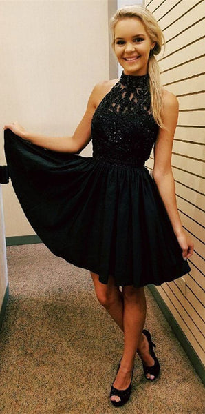 Chiffon Sexy Crystal Homecoming Dress， Black Halter Strapless Homecoming Dress