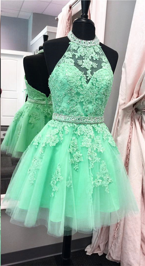 Halter Tulle Beads Homecoming Dress, Green Backless Short Sexy Homecoming Dress