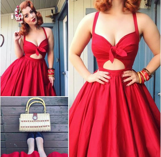 Bowknot A Line Homecoming Dress， Red Deep V Neck Strapless Sexy Homecoming Dress