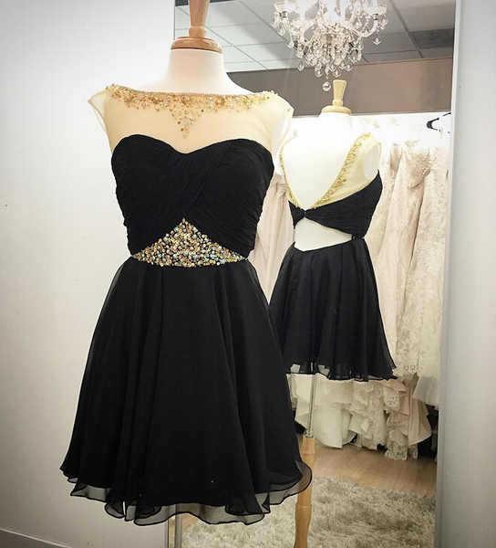 Chiffon Backless Sequins Homecoming Dress， Black Sweetheart Strapless Homecoming Dress