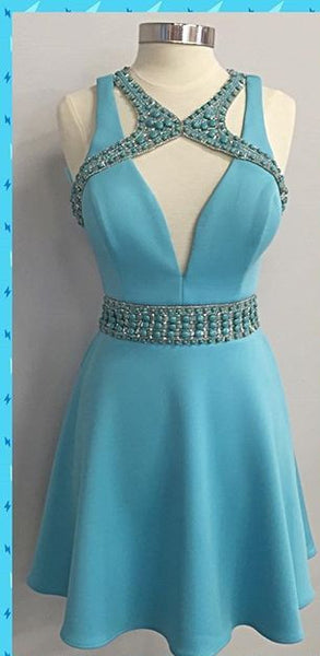 Beads Strapless Homecoming Dress， Blue Deep V Neck Sexy Short Homecoming Dress