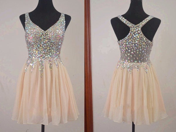 Chiffon Crystal Short Homecoming Dress, Champagne V Neck Homecoming Dresses