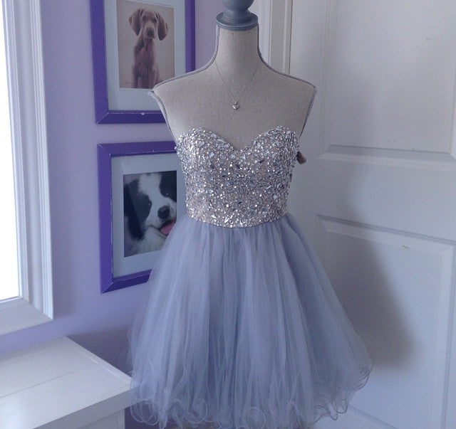 Crystal Gray Off Shoulder Tulle Homecoming Dress,Short Homecoming Dresses