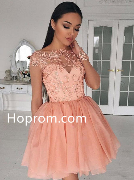 Applique Chiffon Homecoming Dresses, Pink Scoop Neck Homecoming Dress