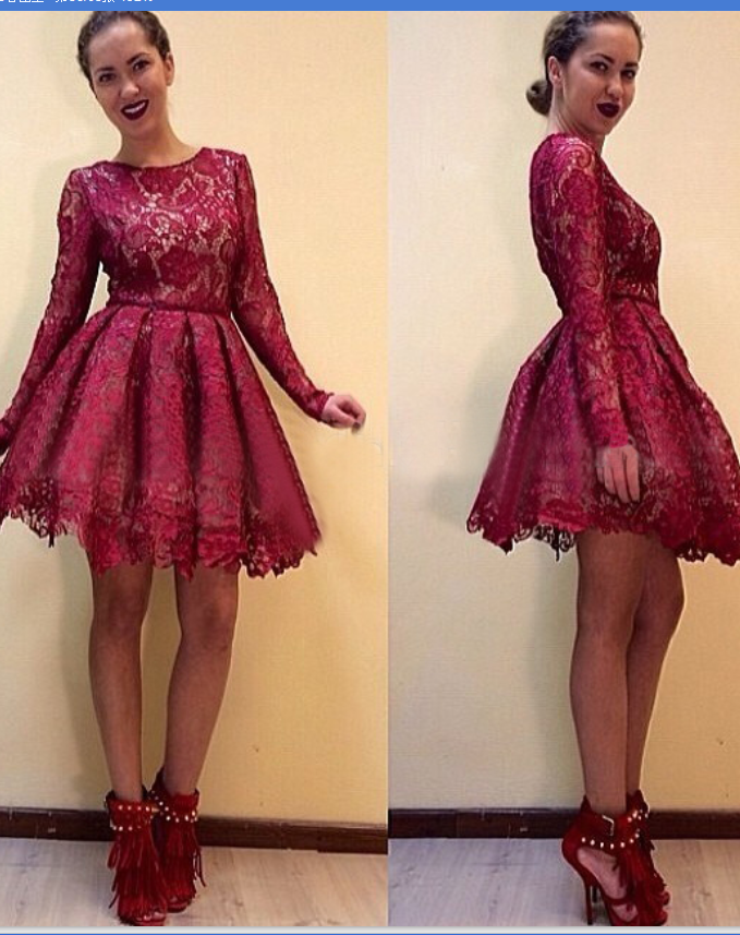 Lace Homecoming Dress, Burgundy Long Sleeve Cocktail Dress